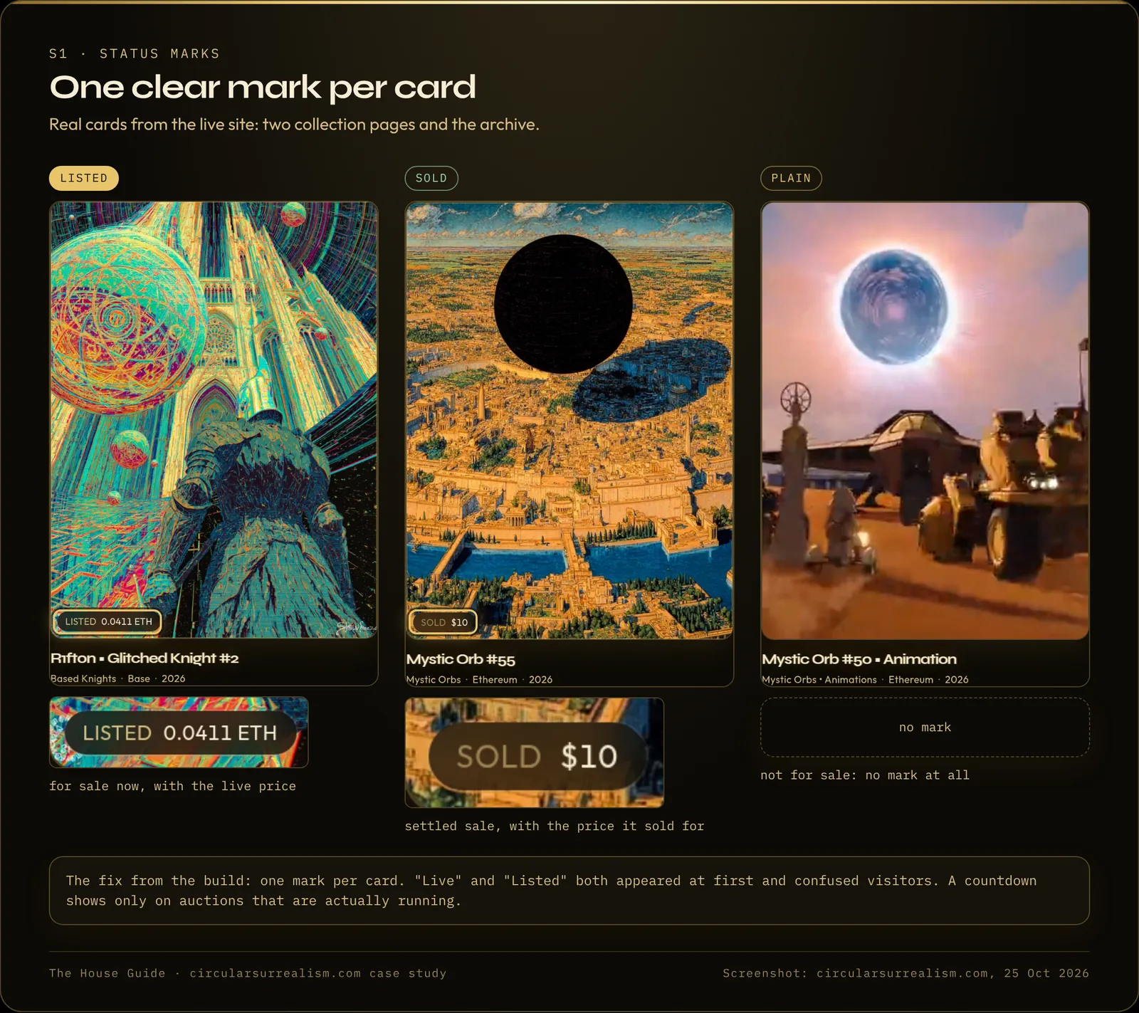 One clear mark per card: Listed, Sold, or nothing