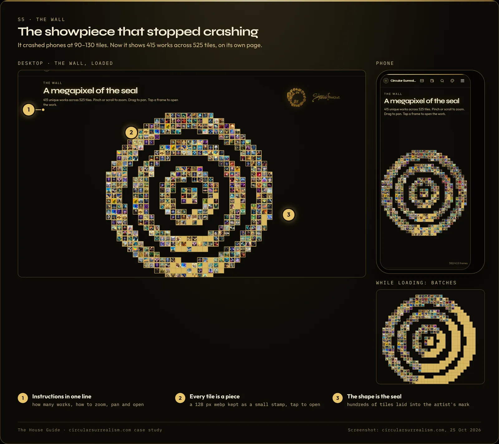 The Wall mosaic on desktop and phone, each tile a small webp